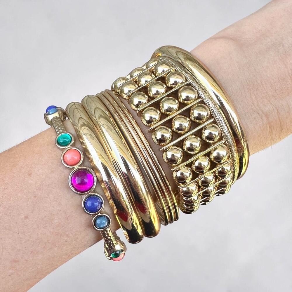 Gold Tone Bracelet Stack Jewel Tone Cabs Colorful 80s Style Vintage Bold Bangle